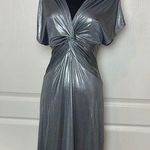 VINTAGE ELEGANT SILVER SHIMMER TWIST FRONT MIDI DRESS Photo 0
