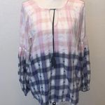 Jag jeans Jag pink & blue plaid tassel hems keyhole long sleeve top Photo 0