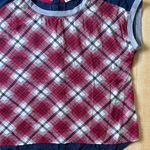 Jolt Plaid Cap Sleeve Contrast Button Back Top in Red/White/Navy/Gray - Medium Photo 14