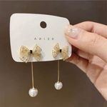 Bow Pearl Tassel Dangle Drop Earrings for Women Gold Photo 0