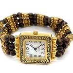 Japan Movt Mother of Pearl Face w/ Wooded & Gold tone Beads Stretch Watch Brown Photo 2