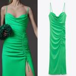 ZARA  XS GREEN MIDI DRESS WITH DRAPED DETAIL Ruched Tie Slit Christmas Party Photo 1