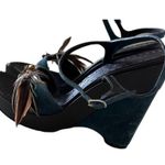 Casadei Vintage Blue Brown Wedge Platform Sandals With feather Details Size 7.5B Photo 2