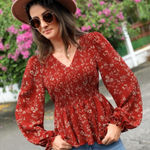 SheIn  size XL Clasi Floral Print Lantern Sleeve Peplum Blouse Photo 0