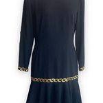 Vintage 80s Black Drop Waist Dress Gold Chain Trim Long Sleeve Crewneck Medium Photo 12