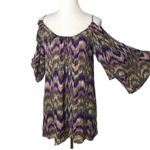 Parker  Silk Blouse or Mini Dress Size L Purple Chevron Bell Flare Sleeve Cut Out Photo 13