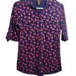 Copper Key Navy Blue Red Rooster Novelty Knit Button Blouse 3/4 Sleeve Size S Photo 0