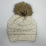 C.C. Exclusive Faux Fur Pom Pom Cream Cable Knit Beanie Ivory Stretch Cozy OS Photo 0