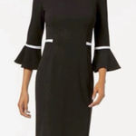 Calvin Klein Black 3/4 Bell Sleeve White Piping Trim Sheath Dress Size 6 Photo 0