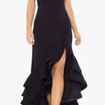 Betsy and Adam . Arielle Scuba Crepe Ruffle Slit Gown. Photo 0