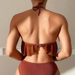 Caramel Solid Color Two Piece Bikini Sets Swimsuit, Halter Neck High Waist Size M Photo 3
