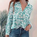 Anthropologie MAEVE Islet Teal and Cream Floral Button Up Blouse Size S Photo 0