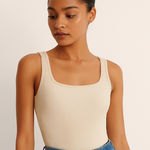 Neutral Ribbed Seamless Medium Bodysuit Top | Capsule Wardrobe Essential Beige Tan Photo 0