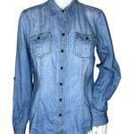 Sandra Ingrish Shirt Womens Medium Blue Denim‎ Fitted Button Up Western Casual Photo 0