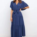 Boutique Navy Blue V-neck Flutter Sleeve Midi Dress Photo 1