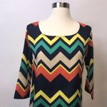 My Story Womens Shift Dress Size Small Blue Green Tan Orange 3/4 Sleeve Zig Zag Photo 1