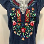 Lucky Brand Womens Sz: M Linen Bland Navy Blue Embroidered Neckline V-Neck Dress Photo 4