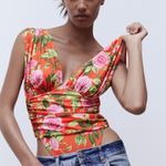 ZARA Womens Red Floral Tropical Deep V-Neck Bodysuit Size Medium New Photo 9