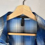 BCBG Maxazria Blue Plaid Ruffle Neck Silk Long Sleeve Top M Photo 4
