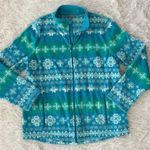 Talbots  Women's L‎ Fleece Full Zip Jacket Blue Green Snowflake Print Photo 0