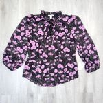Bar III  Women's XXS Black & Pink Orchid Floral Chiffon 3/4 Sleeve Tie Neck Top Photo 1