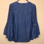 Gap Denim Women’s Chambray Blue Ruffle Flare Sleeve Split Neck Blouse Photo 3