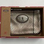 Fossil Coin Purse Pouch Leather Zipper ID Window Key Charm Pewter Gold Brown Photo 0