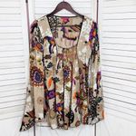 Mystery Mexican Print Smocked Top Bell Sleeve Tunic Shirt Tan‎ Multi Medium Tan Photo 8