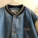 Vintage 90s Unisex Denim Jean Patchwork Bomber Varsity Letterman Jacket Coat “The Pierre New York” Gear for Sports Long Sleeve Striped Cuffs Pockets Multi Size XXL Photo 1