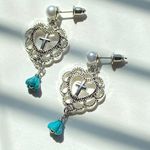 Handmade goth punk grunge style heart cross & purple Czech glass flowers dangle earrings💐 Photo 0