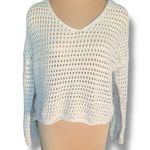 None Oatmeal Cream Crochet Cropped Knit Open-Weave Vneck Oversized Pullover Sweater Photo 0