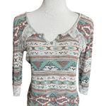 No Boundaries Womens  Bohemian Waffle Knit Split Neck Tribal Print Top - Sz L Photo 0