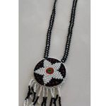 Vintage Native American Beaded Circle Medallion Leather Necklace Black Red 16” White Photo 3