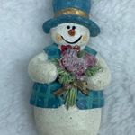 Snowman Blue Hat and Vest Carrying Flower Bouquet Jewelry Pin Brooch Winter Wear Photo 10