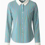New York & Co. Teal Striped Button Down Shirt L Photo 0