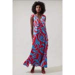 Sugar Lips Ohana Bayla Deep V Maxi Dress Women's Size Large 100% Rayon Red, Blue Photo 12