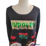 Joyland Sz L Christmas Sweater Swipe Right Santa Rudolph Reversible Sequin Ugly Black Size L Photo 2