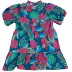 THML Flower Power Mini Dress Teal Pink Puff Sleeve Tiered Short Dress Size XL Photo 13