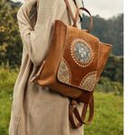 NWT Myra Bag Leather Cowhide Hairon Canvas Boho Backpack Bag Tan Photo 0
