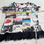Style & Co  Los Angeles LA cityscape fringe scoop neck short sleeve top XL Photo 2