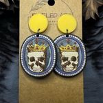 JEWELED ART Crowned Skull Oval Earrings Hand Painted Wood Halloween Yellow Photo 0