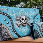 Turquoise Rhinestone Skull Concealed Carry Shoulder Bag & Wallet Set NWT Blue Photo 0