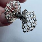 Vintage Bow & rhinestone ribbon with dangle faux pearl. Silver Photo 6