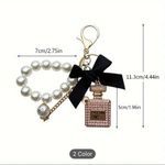Elegant Beaded Pearls & Rhinestone Perfume Bottle Keychain with Bow, Alloy Metal Pink Photo 4