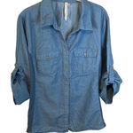 Ny Collection NY‎ Collection Blue 3/4 Sleeve Wide Button Cuffs Ribbed Sides Blouse No Size Tag Photo 0