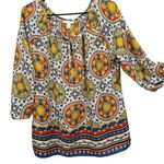 Charter Club Eclectic Hippie Blue Vermillion White Yellow Retro Medallion Blouse Photo 0