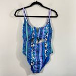 Lucky Brand  Women's Blue Floral Graphics V-neck Cutout One Piece Swimsuit Size L Photo 1