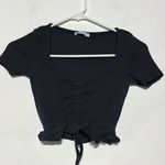ZARA Black Cinched Front V-Neckline Ruffle Hem Short Sleeve Crop Top Size Small Photo 1