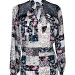 Cure. Petites Women's Floral Colorblock Lace Illusion Tie Neck Blouse Top PM Black Size undefined Photo 0