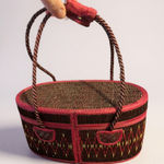 Oval Woven Vanity Case Cosmetic Bag Pink Trim Red Lined Closure Handle Brown Photo 0